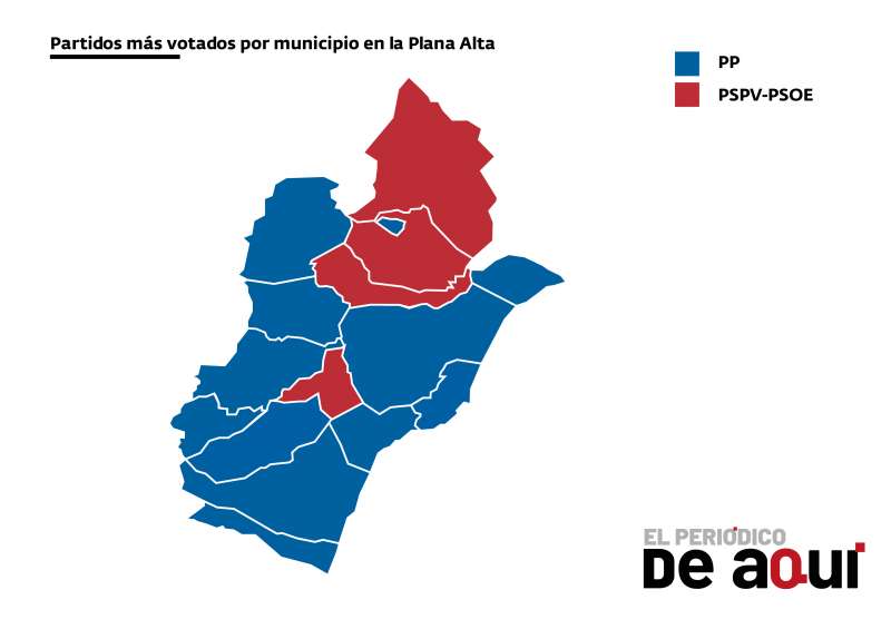 Partido ms votado en las elecciones europeas por municipios en La Plana Alta. EPDA