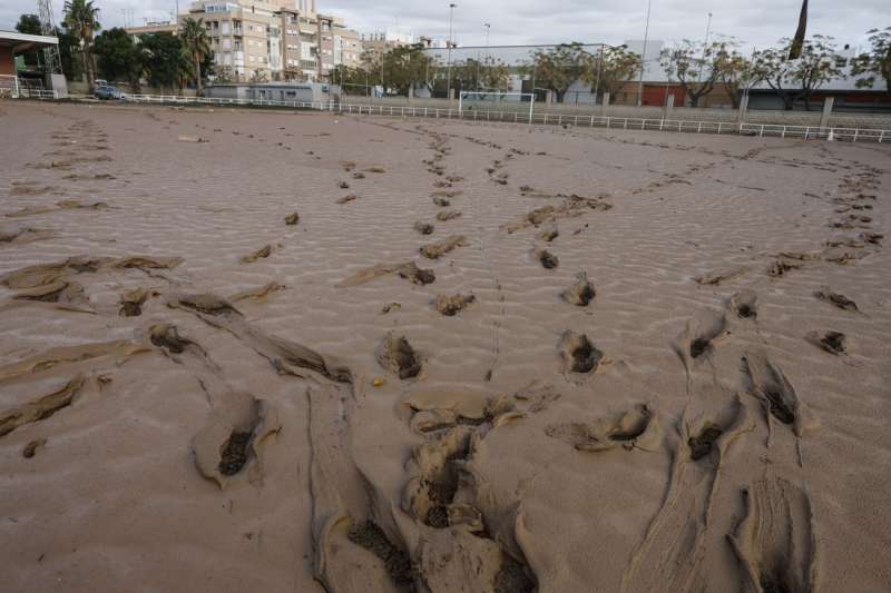 El barro cubre por completo un campo de ftbol en Sedav, Valencia, el pasado da 2 tras el paso de la dana. EFE Kai Frsterling
