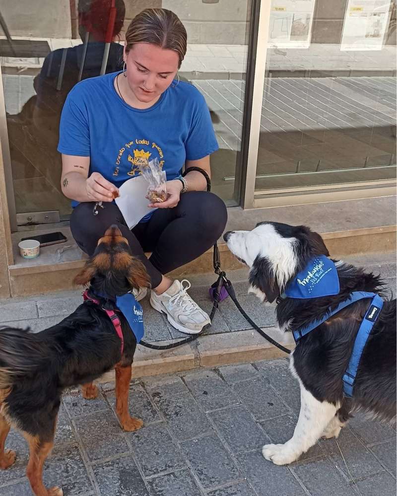 Una voluntaria premia a dos perros durante la carrera. EPDA