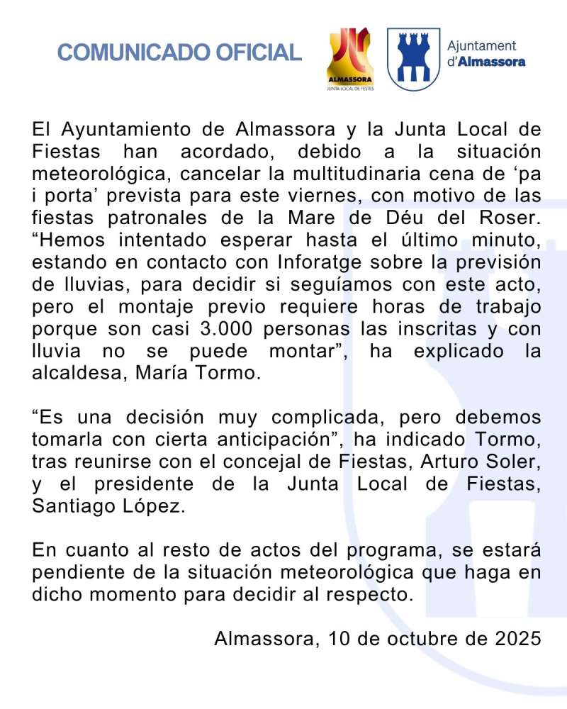 Comunicado oficial del Ayuntamiento de Almassora.  EPDA 
