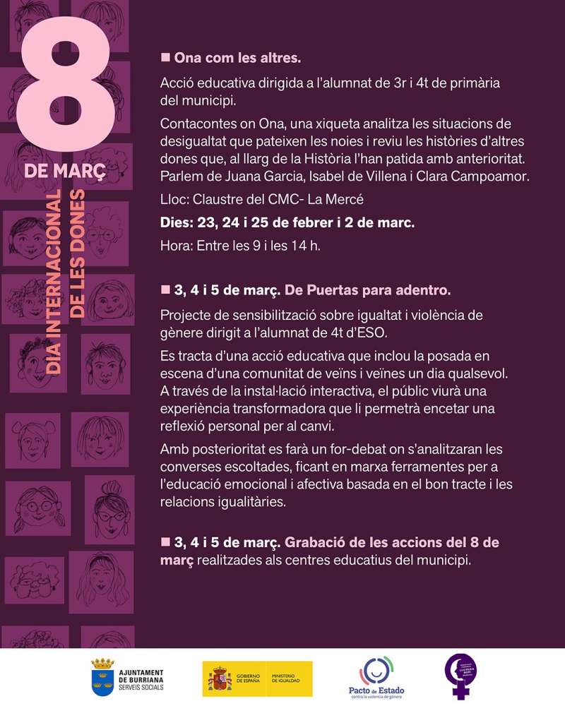 Cartel con la programaci�n de Burriana para el 8M.  EPDA