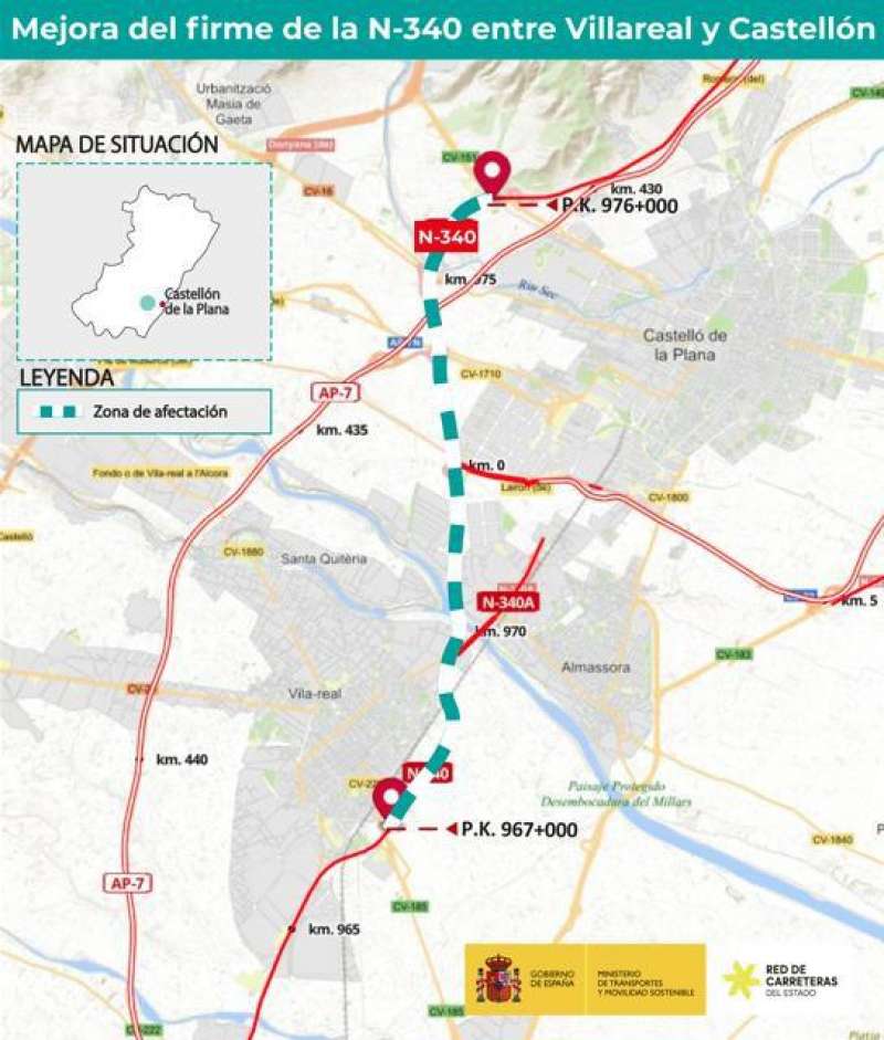 Plano de las obras de mejora en la carretera N-340 entre Vila-real y Castelln. MINISTERIO DE TRANSPORTES
