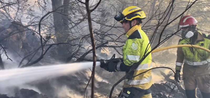 Varios efectivos de bomberos trabajan en la extinci�n del incendio forestal declarado en el t�rmino municipal de Alcal� de Xivert-Alcossebre. CPBC